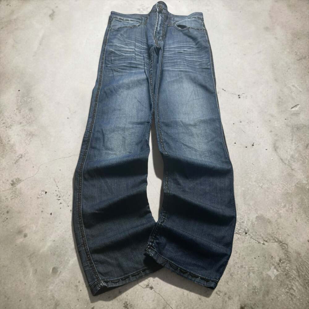 DO Denim Men's Baggy Wide-Leg Jeans with Studded Pockets and Distressed Wash